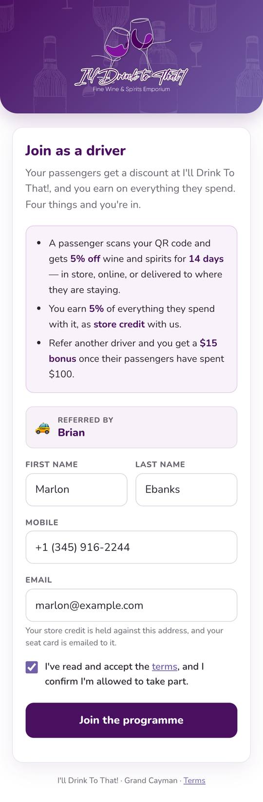 The sign-up form